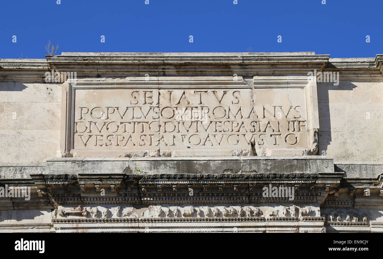 Italy. Rome. Arch of Titus. Constructed in 82 AD by the emperor Domitian to commemorate Titus' victories. The inscription. Stock Photo