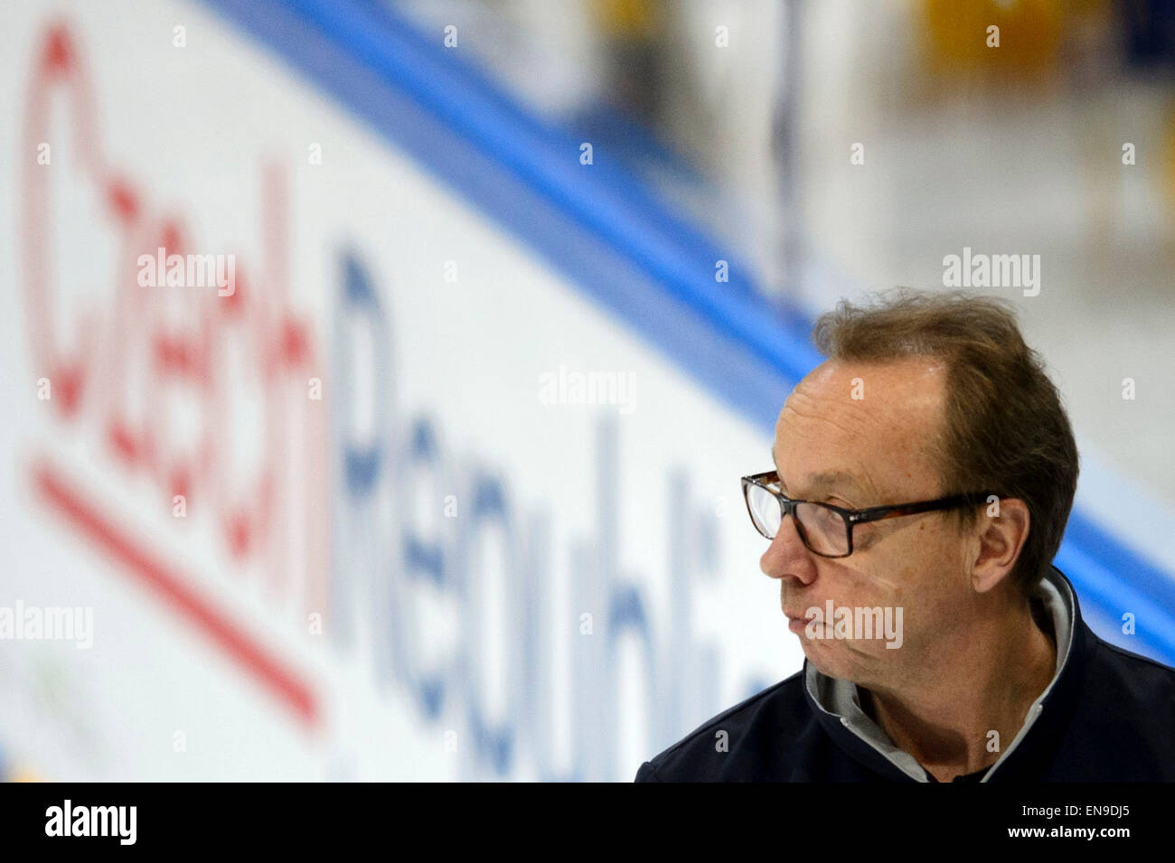 Couch of Swedish Hockey team Par Marts pictured during the training