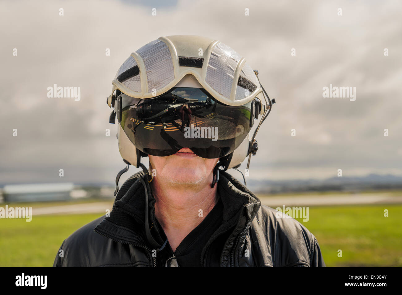 Pilot wearing Helicopter Helmet, Iceland Stock Photo