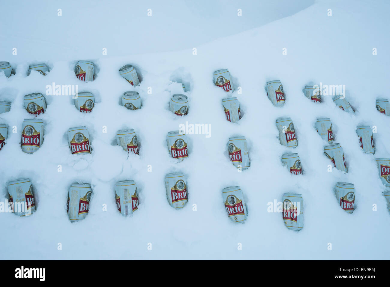 Beer cans. Keeping the beer cold in the snow, wintertime, Iceland Stock Photo