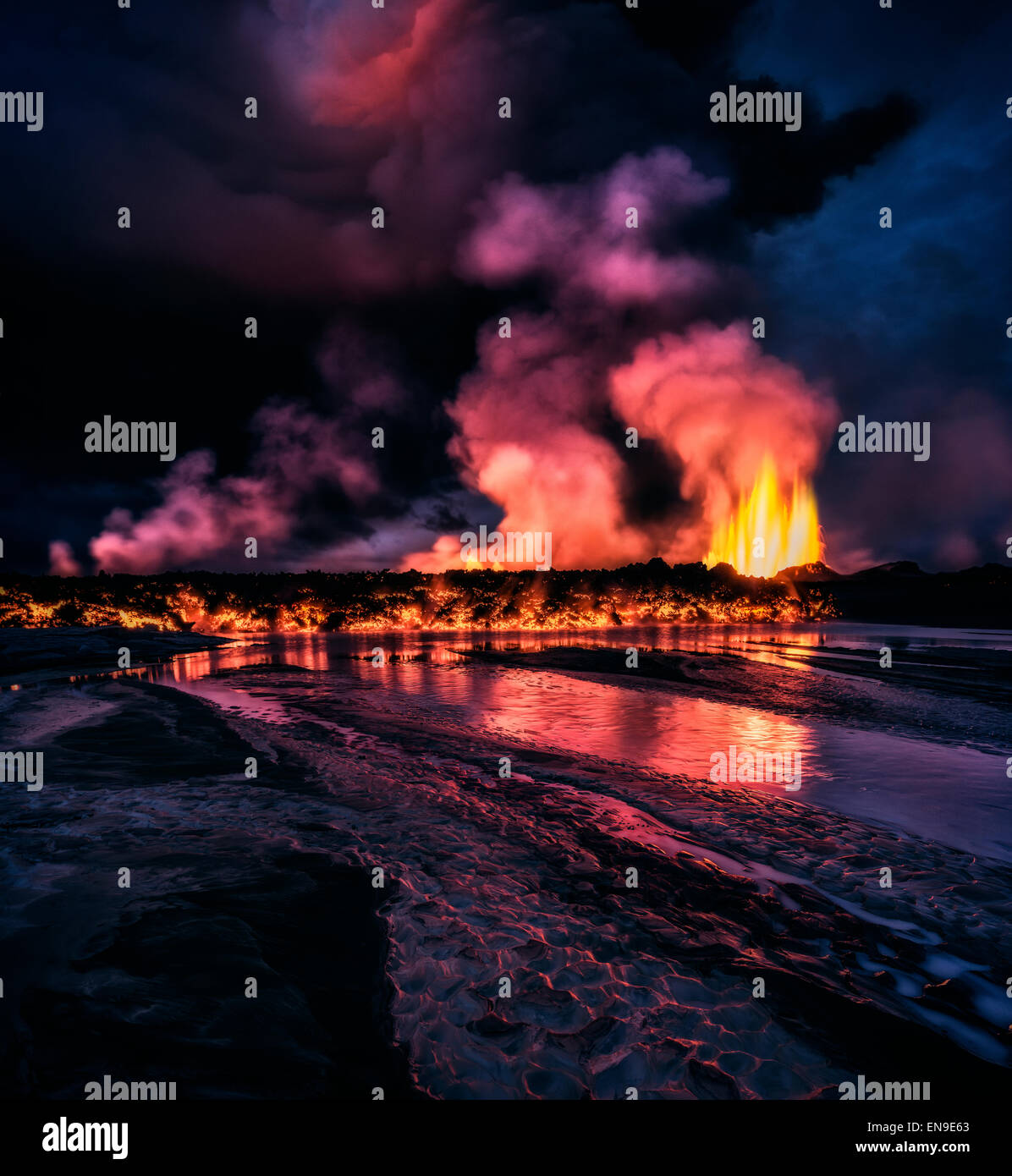 Glowing lava from the eruption at the Holuhraun Fissure, near the Bardarbunga Volcano, Iceland. Stock Photo