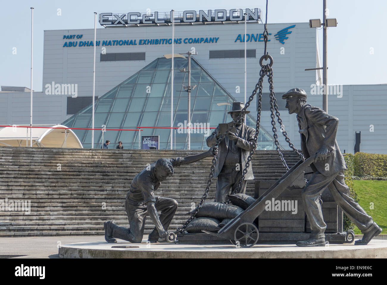 England, London, Victoria dock, Excel centre & 'Landed' sculpture Stock Photo