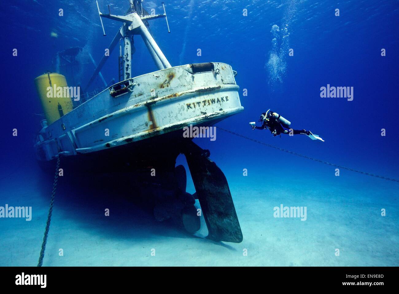 SCUBA diver on the wreck of the Kittiwake, Grand Cayman Stock Photo