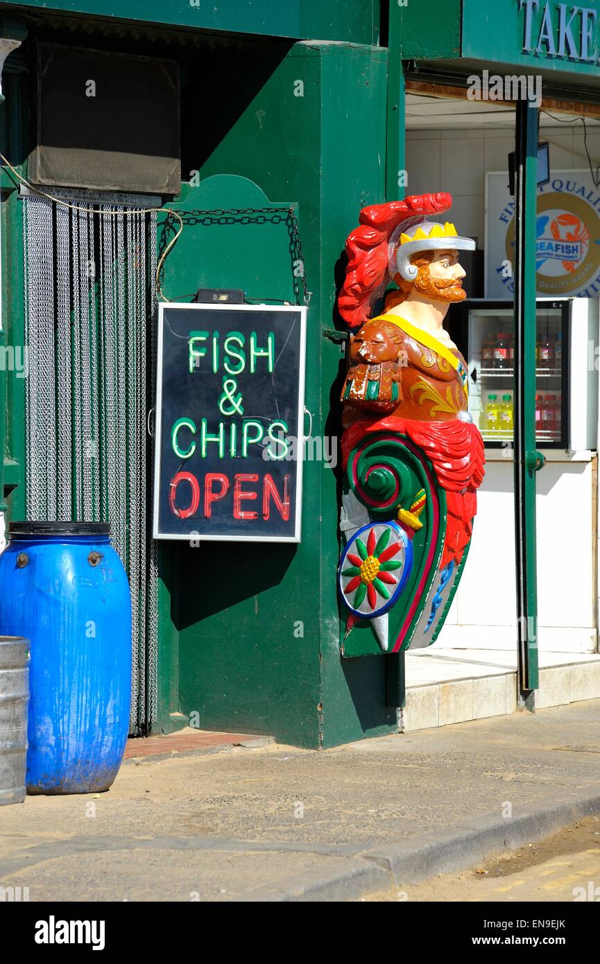 Fish and chip shop open sign whitby North Yorkshire England UK Stock Photo