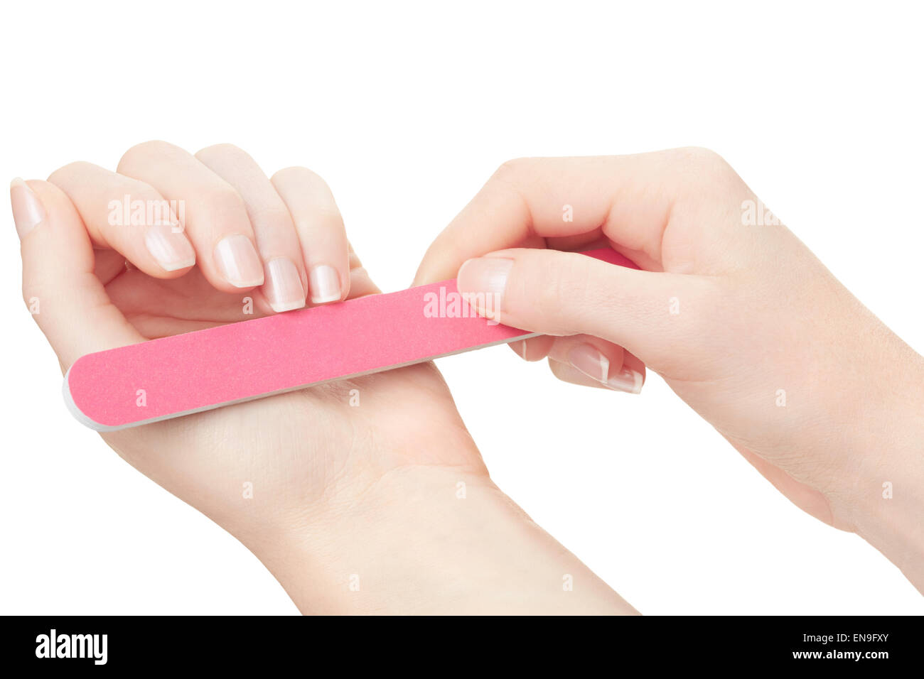 Woman hands manicure with nail file Stock Photo