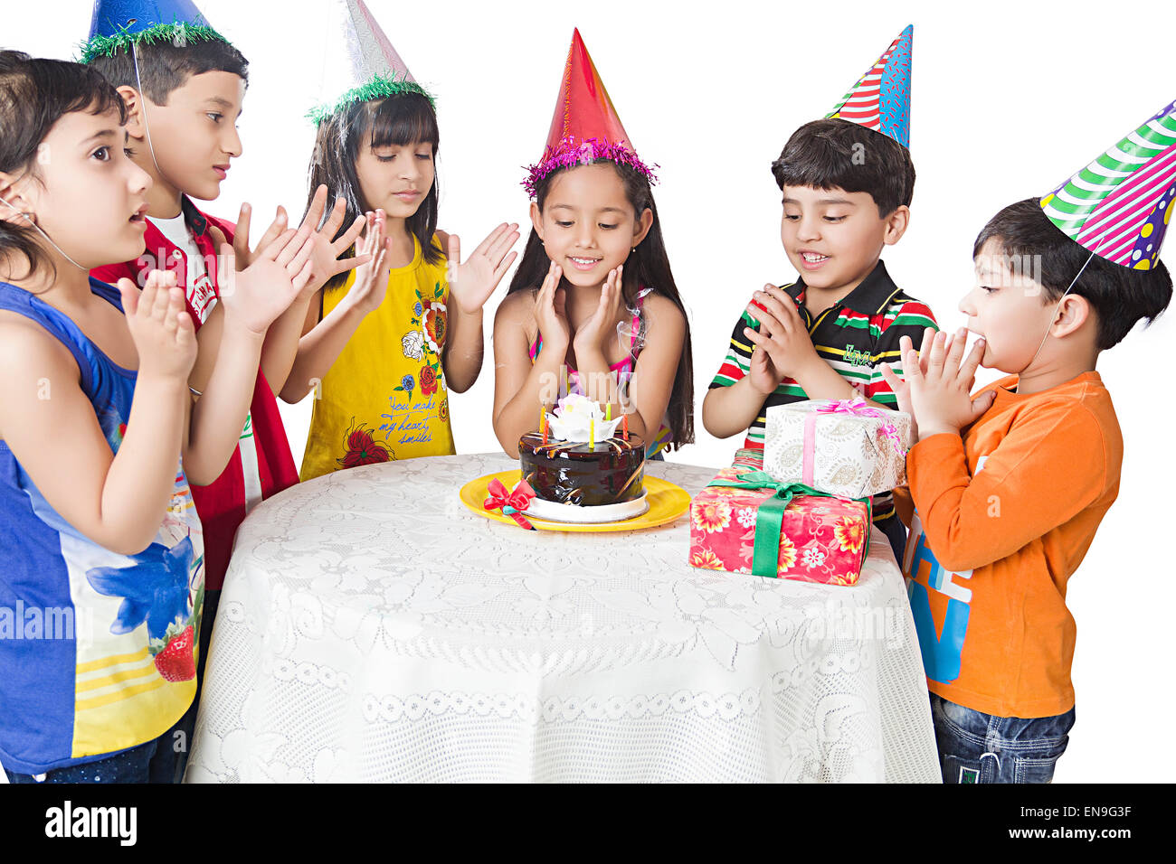 indian Kids Group Friends Birthday Celebration Stock Photo