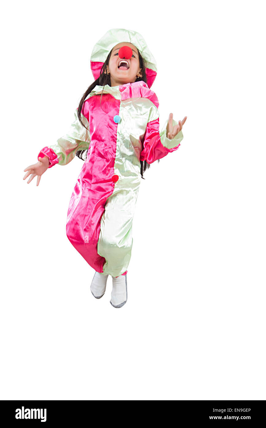 1 indian kids girl Joker Costume Jumping Stock Photo