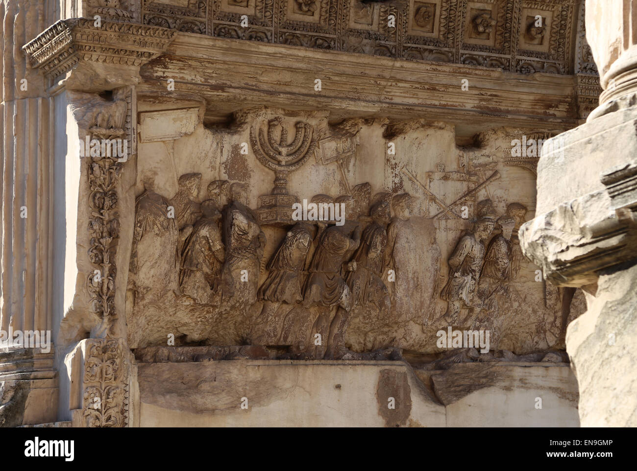 Italy. Rome. Arch of Titus. Constructed in 82 AD by the emperor Domitian to commemorate Titus' victories. Spoil of Jerusalem. Stock Photo