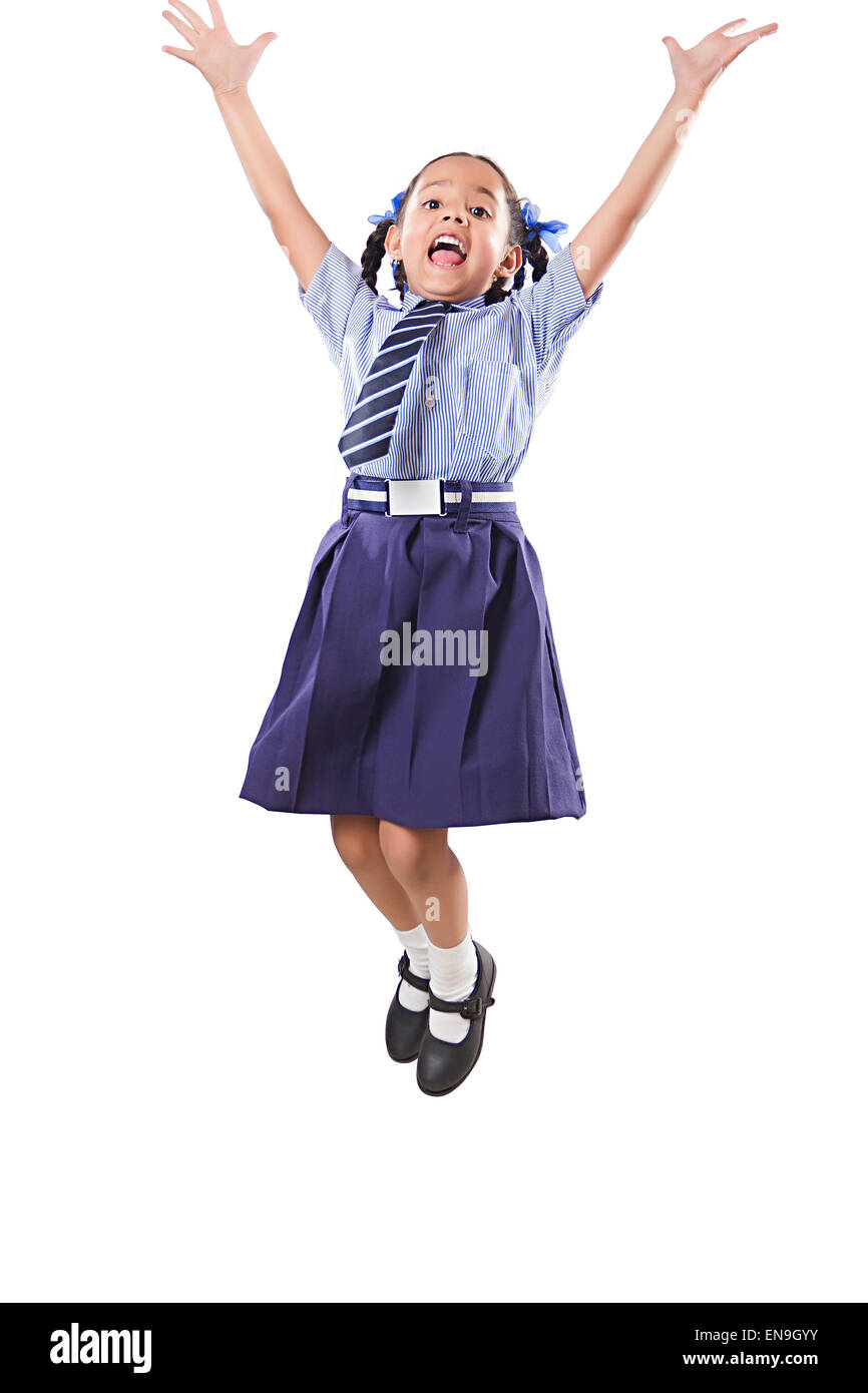1 indian kids girl School Student Jumping Stock Photo