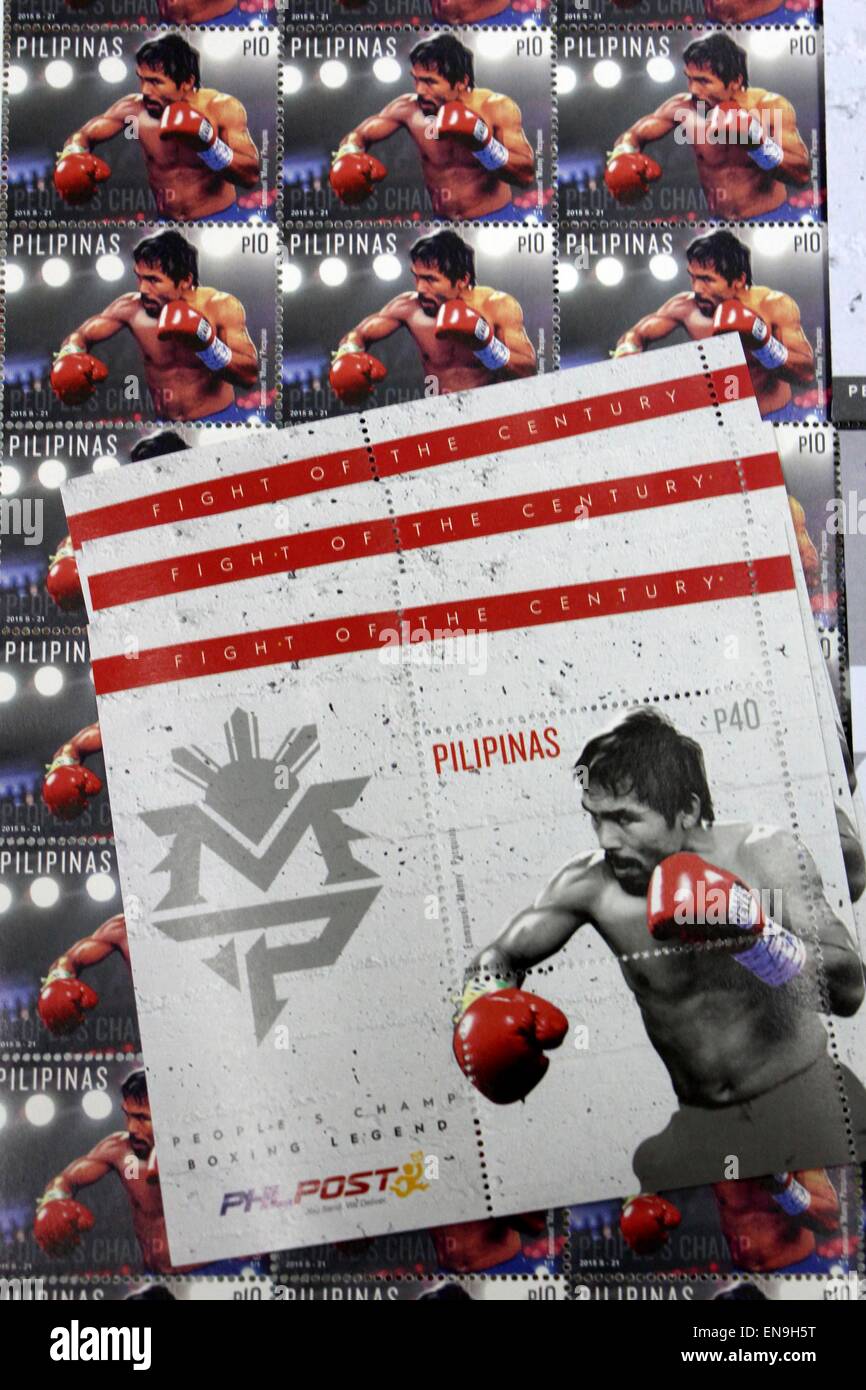 Manila, Phillipines. 30th April, 2015. The set of limited editions postal stamp (regular stap on left top for 10 pesos each, on left down the souvenir stamp for 40 pesos each and the First Day envelop on right) of Pound for Pound Boxer Manny Paquiao at Philippine Postal Office Shop in Manila City. Manny Paquiao and Floyd Mayweather will be fight in Las Vegas for the fight of the century in May 3, 2015 (Philippines Date). Credit:  Gegrorio B. Dantes Jr./Pacific Press/Alamy Live News Stock Photo