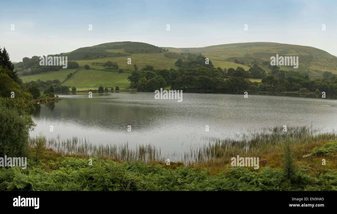 Panorama landscape of lake with rolling hills in background Stock Photo