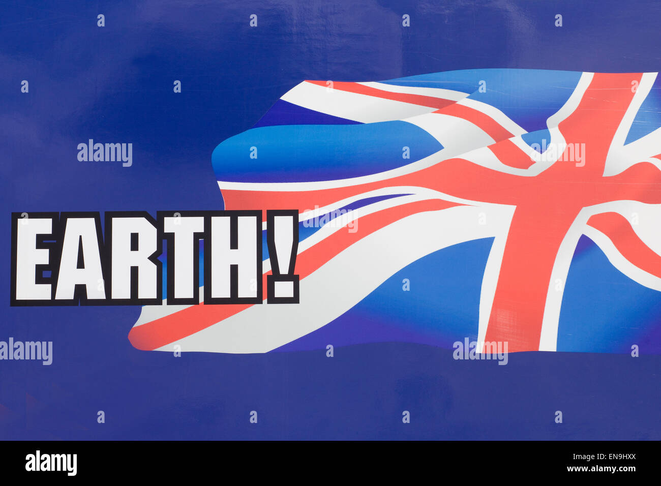Spray Painted Volkswagen Camper Van "Earth" Union Jack Flag Stock Photo