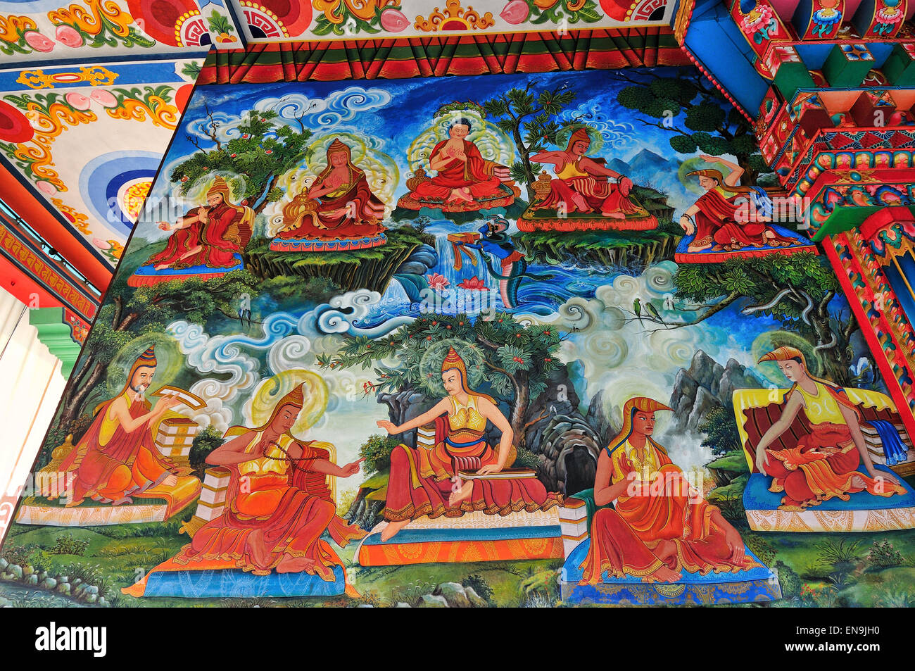 Beautiful painting on the wall, German Temple, Lumbini, Nepal. Stock Photo
