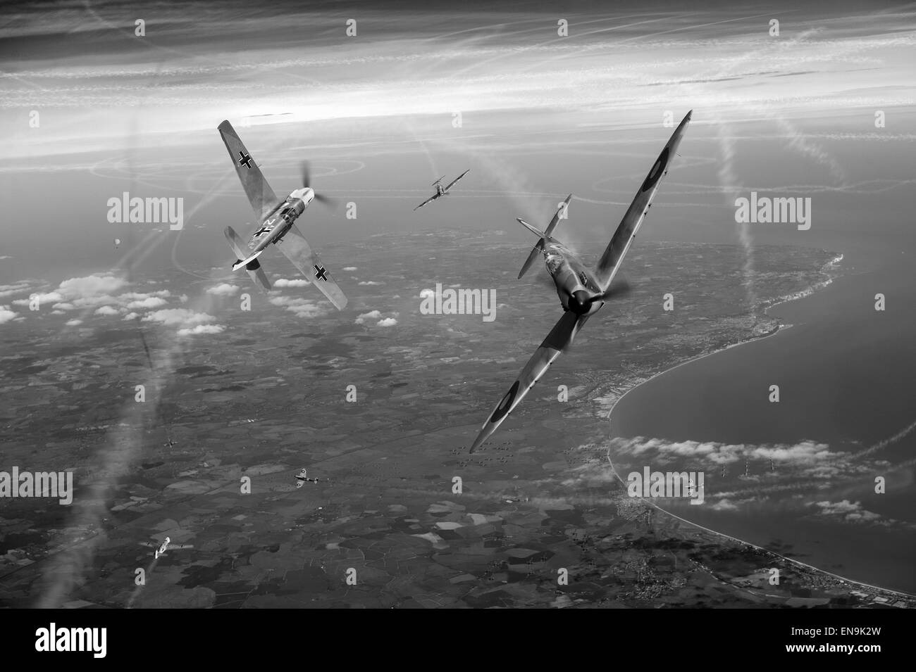 Two fighter aircraft that typify the combat over southern England in 1940, an RAF Supermarine Spitfire and a Luftwaffe Bf 109. Stock Photo