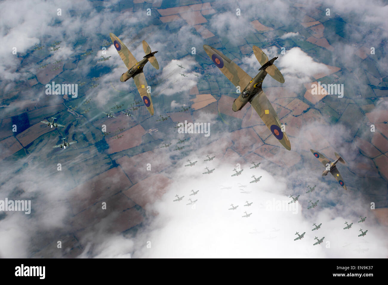 RAF Spitfires locate the Luftwaffe bomber formation they have been vectored to intercept over England in the summer of 1940. Stock Photo
