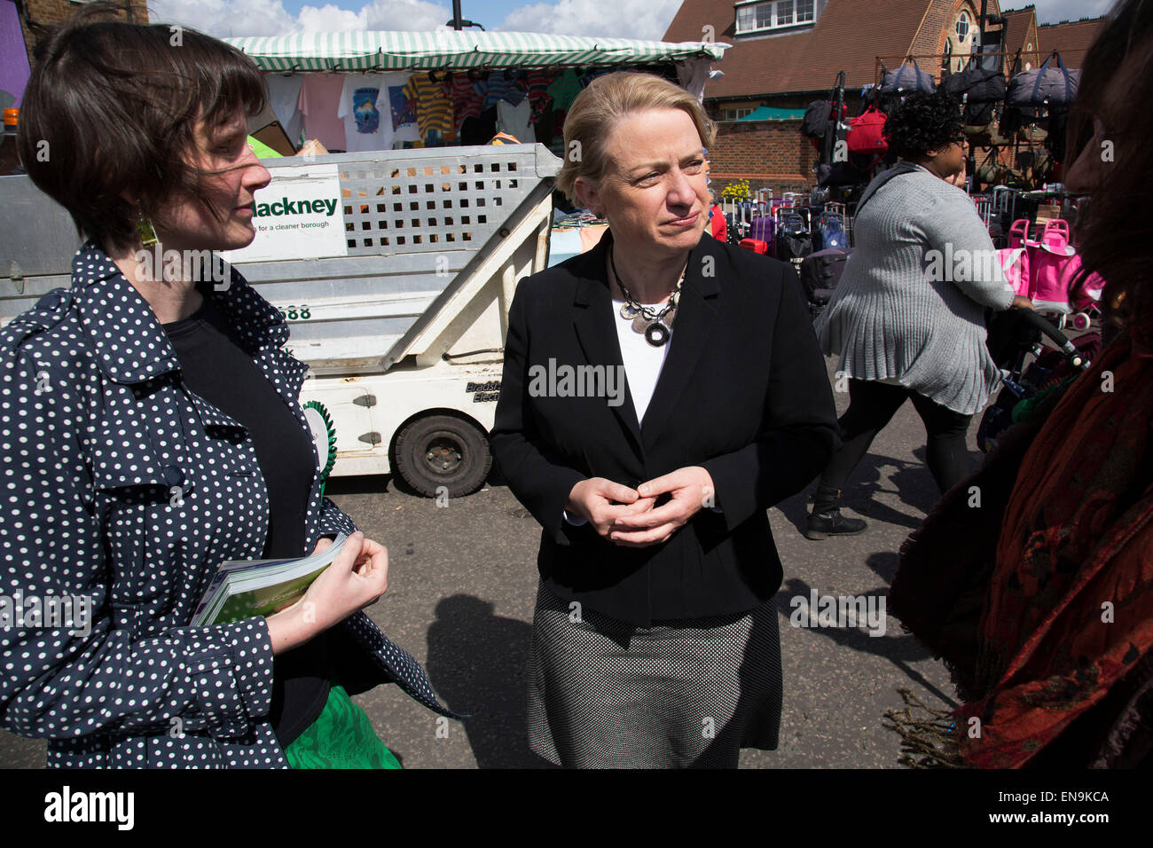 London, UK. Thursday 30th April 2015. Leader of the Green Party, Natalie Bennett pays a visit to talk to local people at Ridley Road Market in Dalston, Borough of Hackney, at the heart of multicultural East London. Natalie Bennett is an Australian-born British politician and journalist. She was elected to her position as the leader of the Green Party of England and Wales in 2012. Credit:  Michael Kemp/Alamy Live News Stock Photo