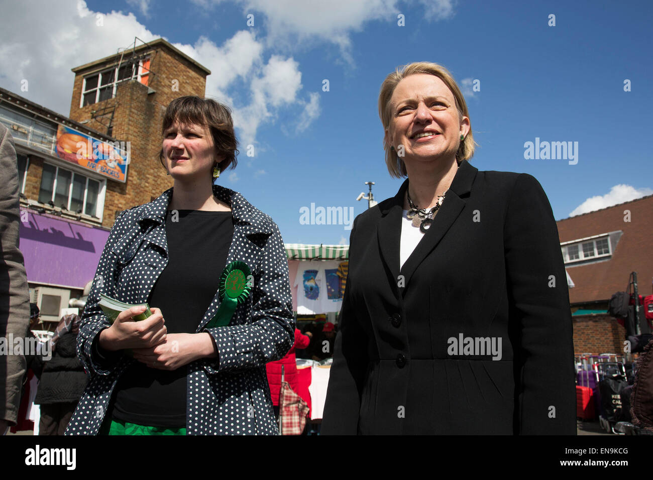 London, UK. Thursday 30th April 2015. Leader of the Green Party, Natalie Bennett pays a visit to talk to local people at Ridley Road Market in Dalston, Borough of Hackney, at the heart of multicultural East London. Natalie Bennett is an Australian-born British politician and journalist. She was elected to her position as the leader of the Green Party of England and Wales in 2012. Credit:  Michael Kemp/Alamy Live News Stock Photo