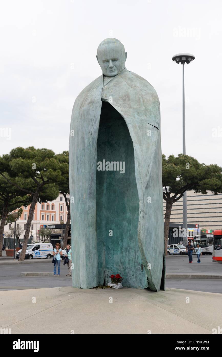 The revised and reworked Pope Saint John Paul II statue at the Termini in Rome, Italy Stock Photo