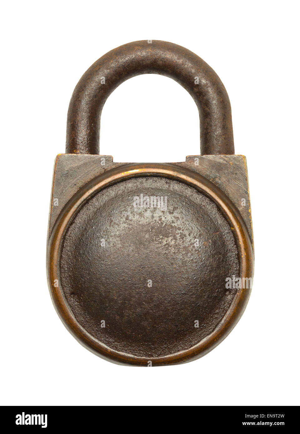 Old Brass Lock with Copy Space Isolated on White Background. Stock Photo