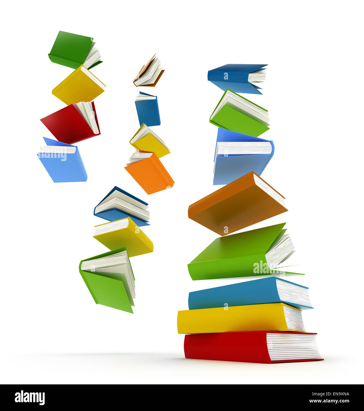 Colored books with clear cover falling in pile isolated on white Stock