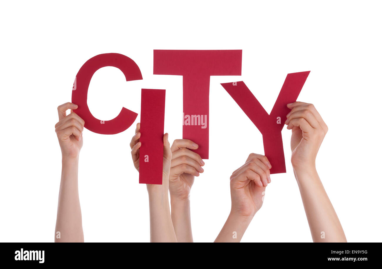 Many People Hands Holding Red Word City Stock Photo - Alamy