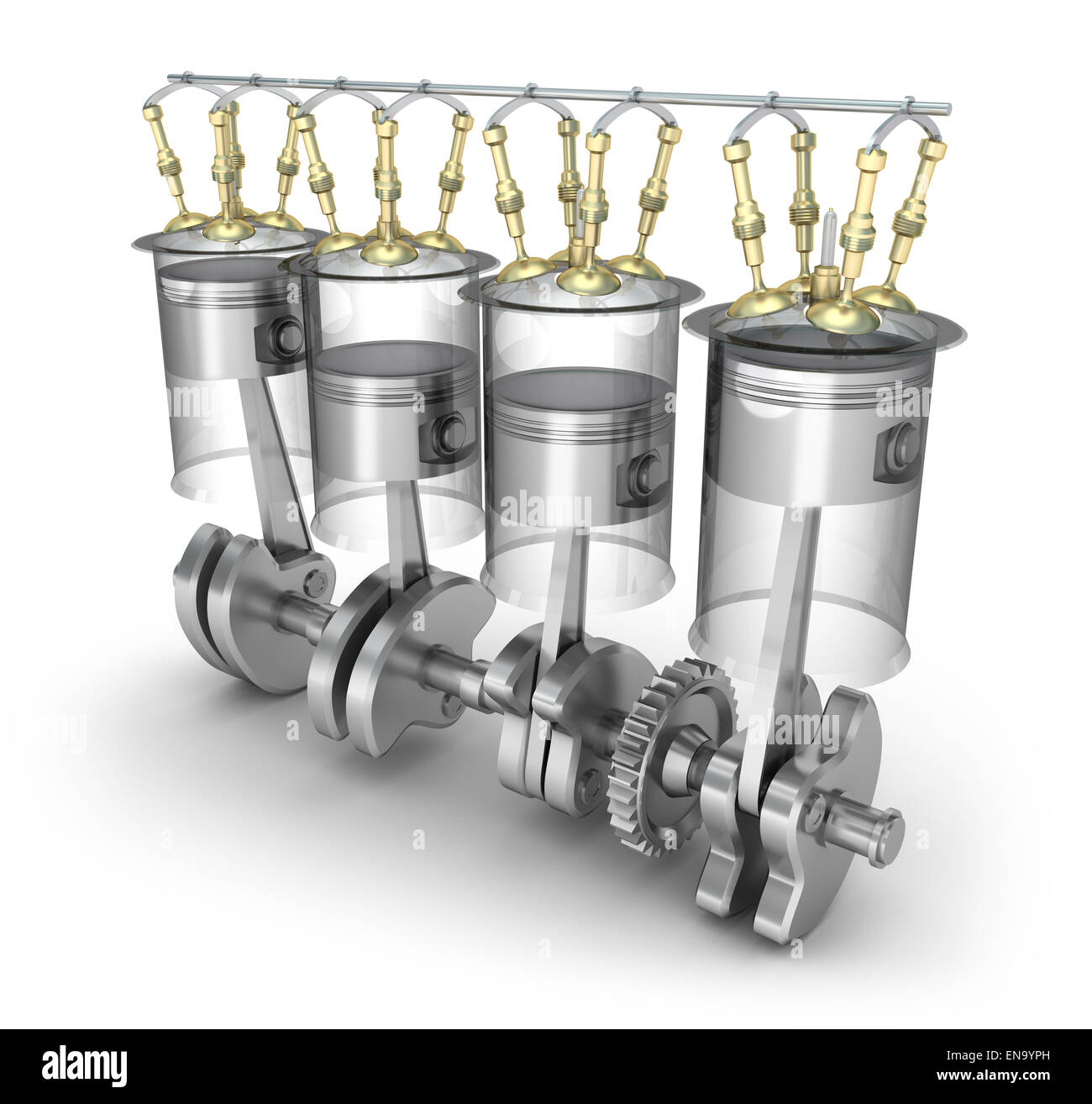 Engine pistons, injectors, valves and cog. Isolated on white Stock