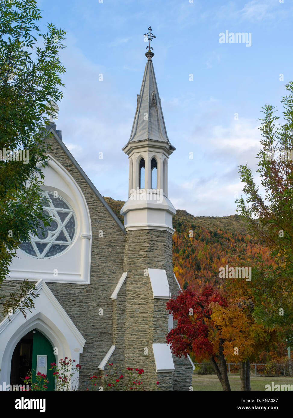 Autumn view of St. Patrick's Catholic Church, 7 Hertford Street, Arrowtown, Otago, New Zealand. Stock Photo