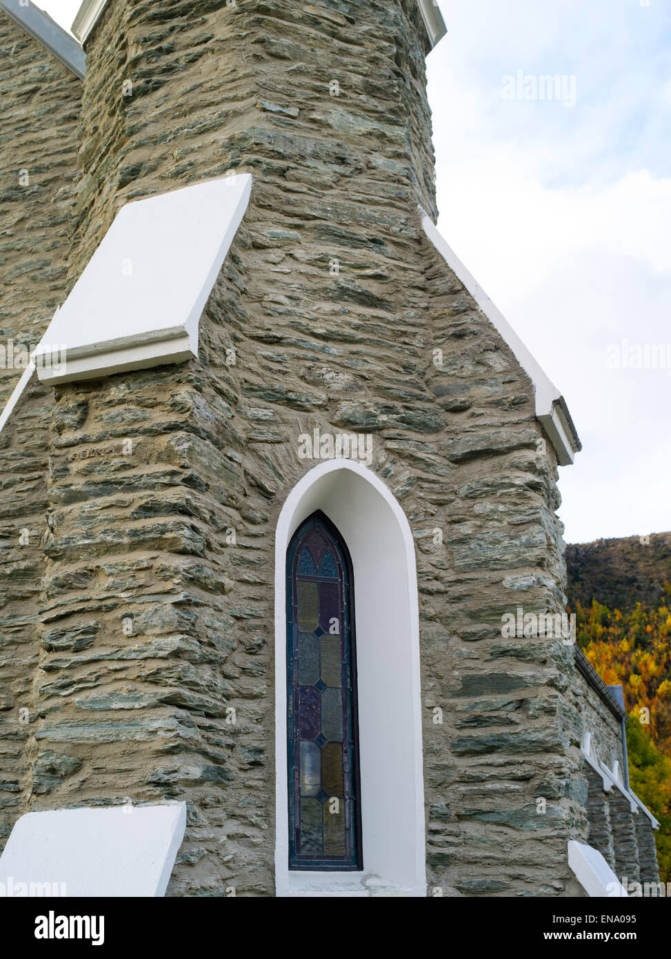 Autumn view of St. Patrick's Catholic Church, 7 Hertford Street, Arrowtown, Otago, New Zealand. Stock Photo