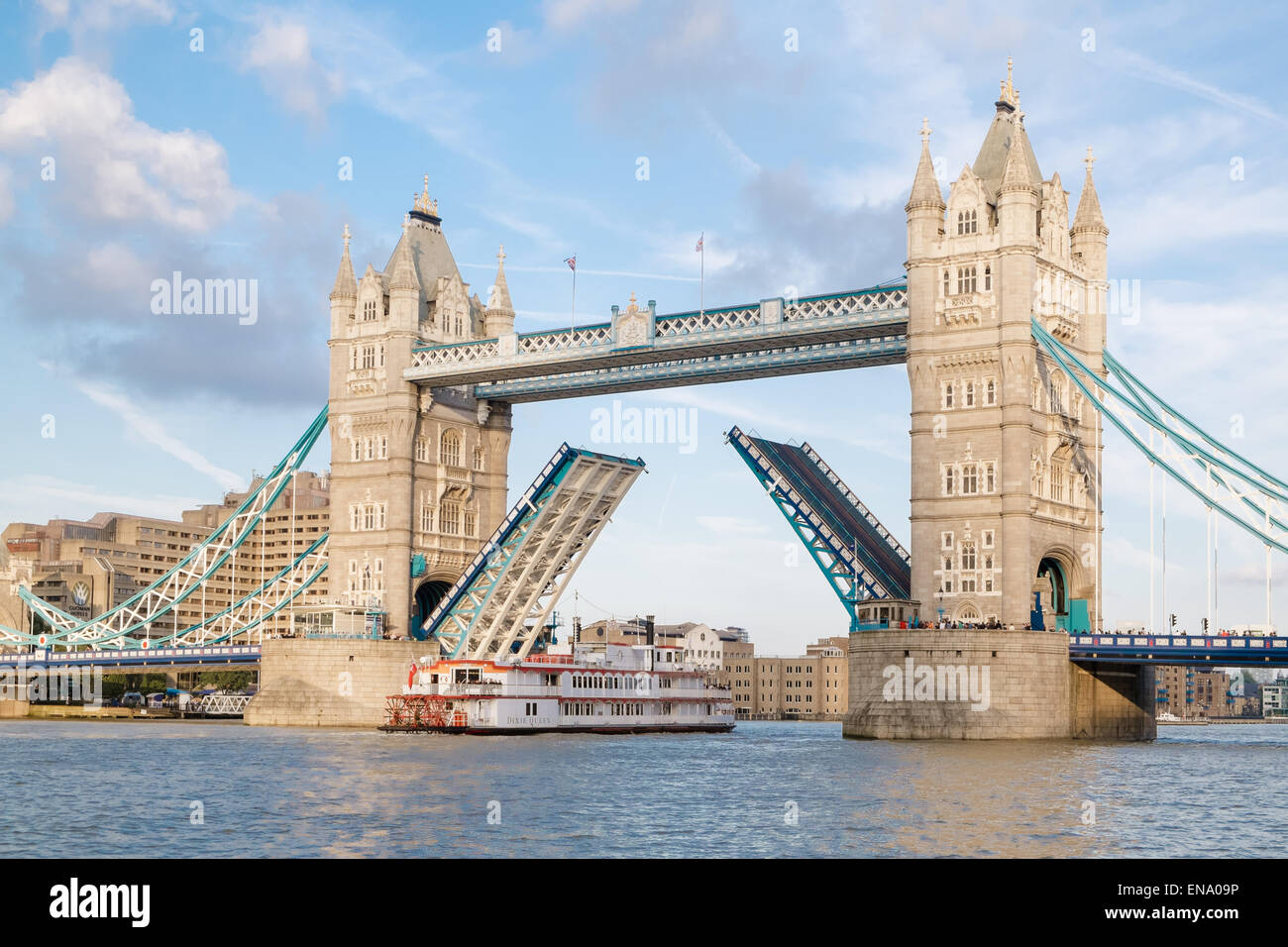 Dixie Queen paddle boat passing under Tower bridge London UK Stock Photo