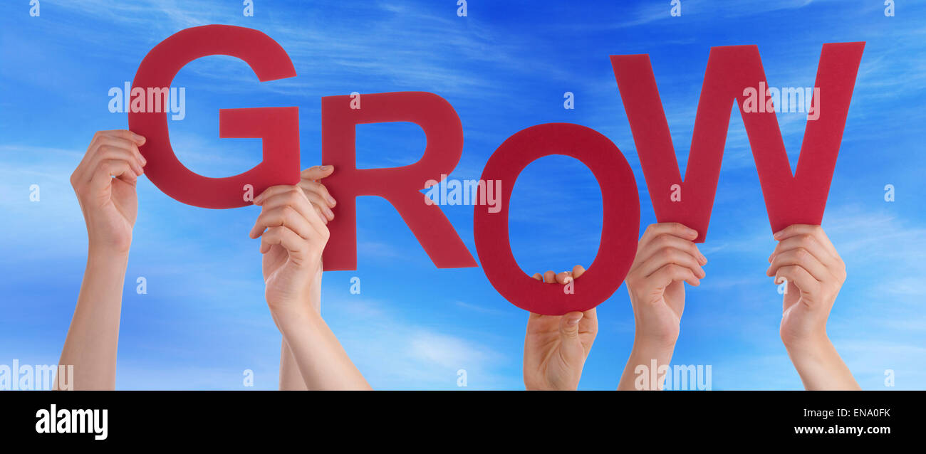 Many People Hands Holding Red Word Grow Blue Sky Stock Photo - Alamy