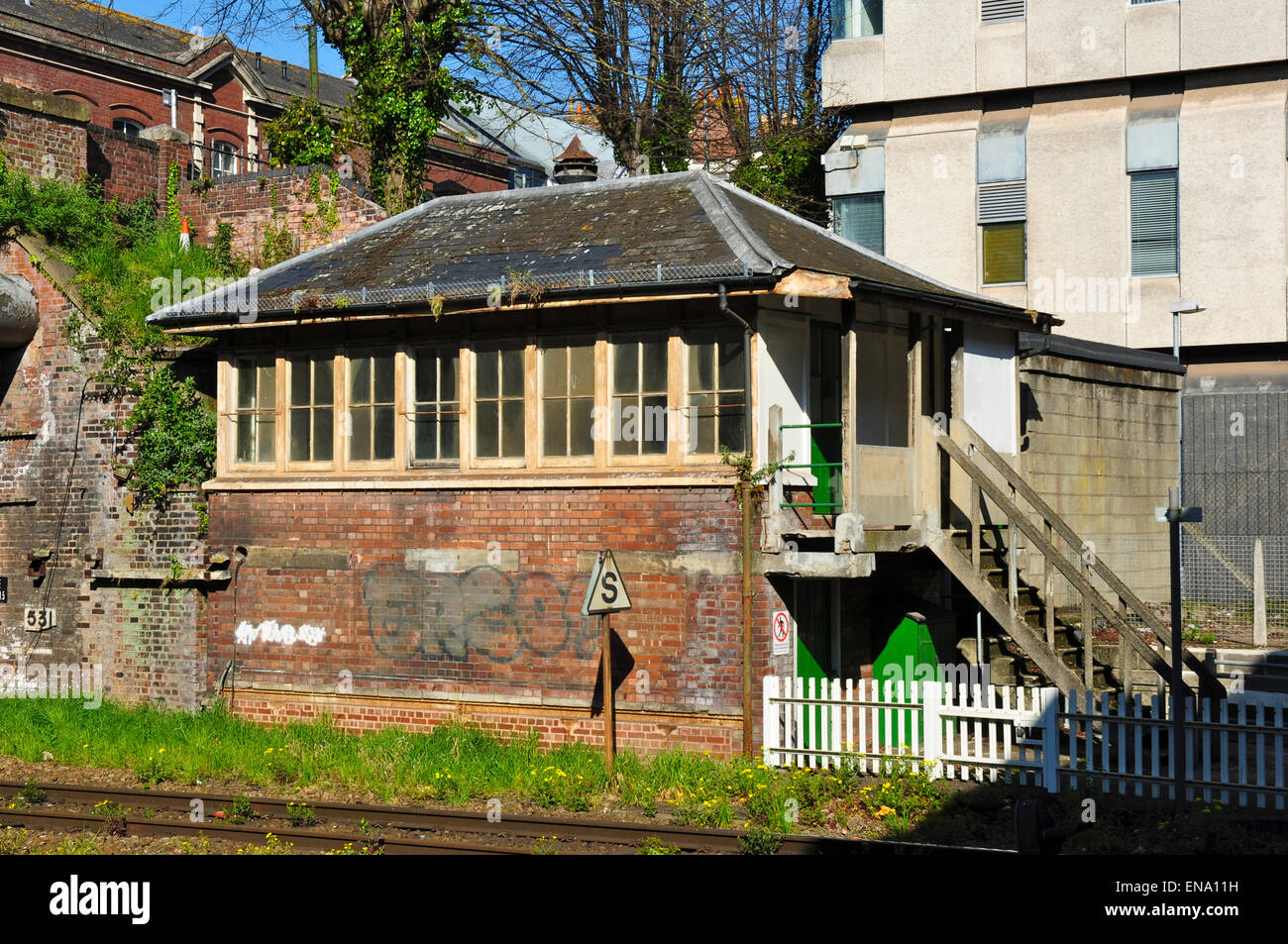Old signal box, Exeter Central railway station, Exeter, Devon, England, UK Stock Photo