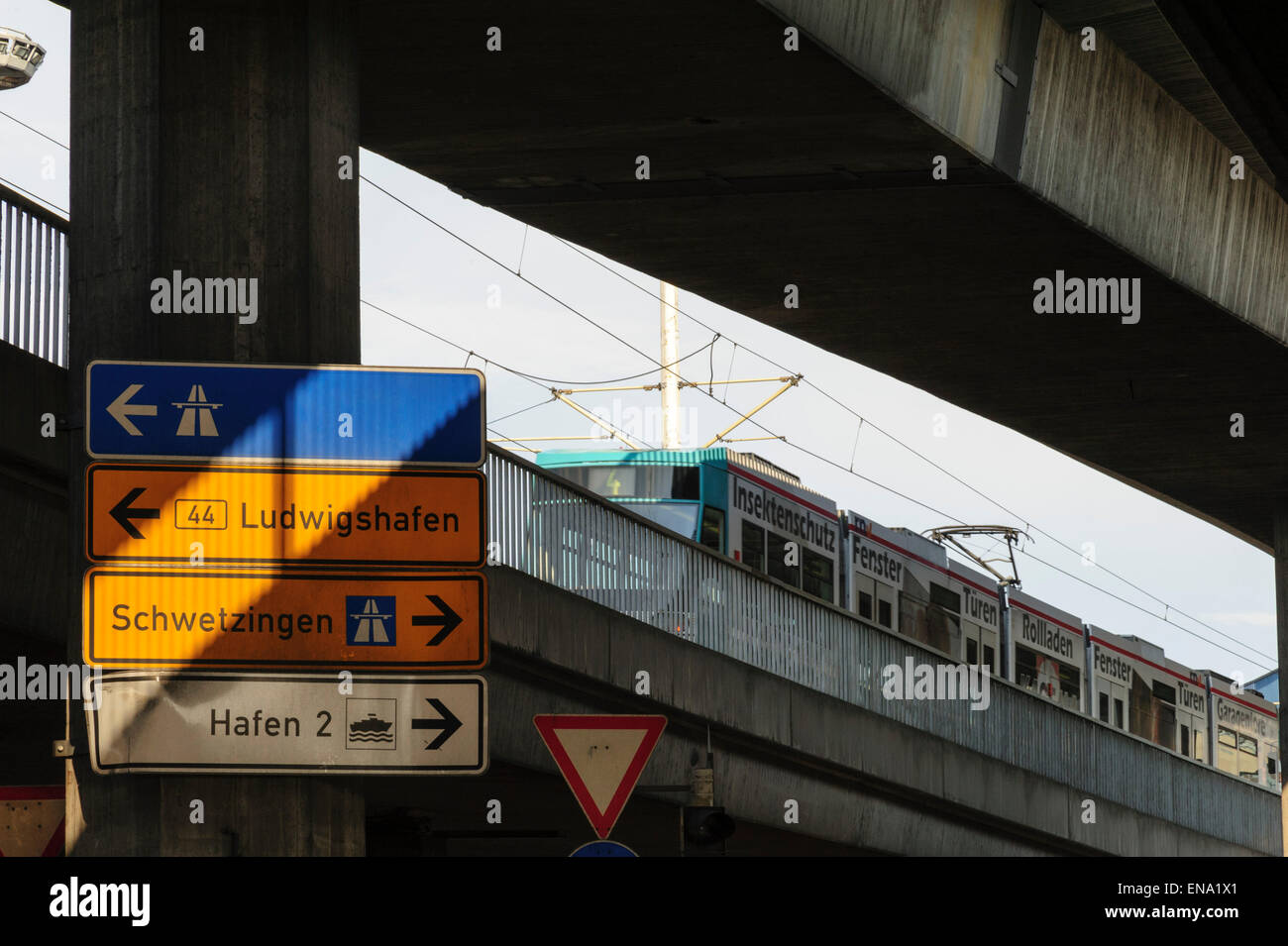 highway bridge, tram, Mannheim, Baden-Wurttemberg, Germany Stock Photo