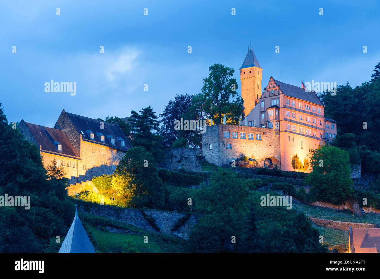 Hirschhorn Castle at dusk, Hirschhorn, Neckar, Hessen, Germany Stock Photo