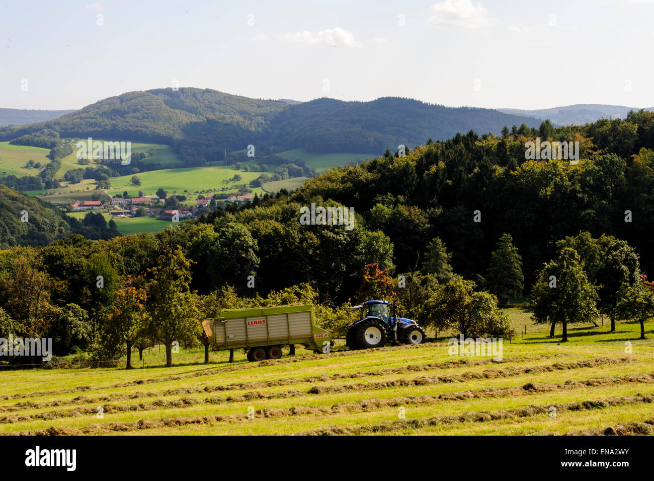 Heuernte, Landschaft, Fischbachtal, Odenwald, Hessen, Deutschland | hay making, landscape, Fischbachtal, Odenwald, Hesse, German Stock Photo