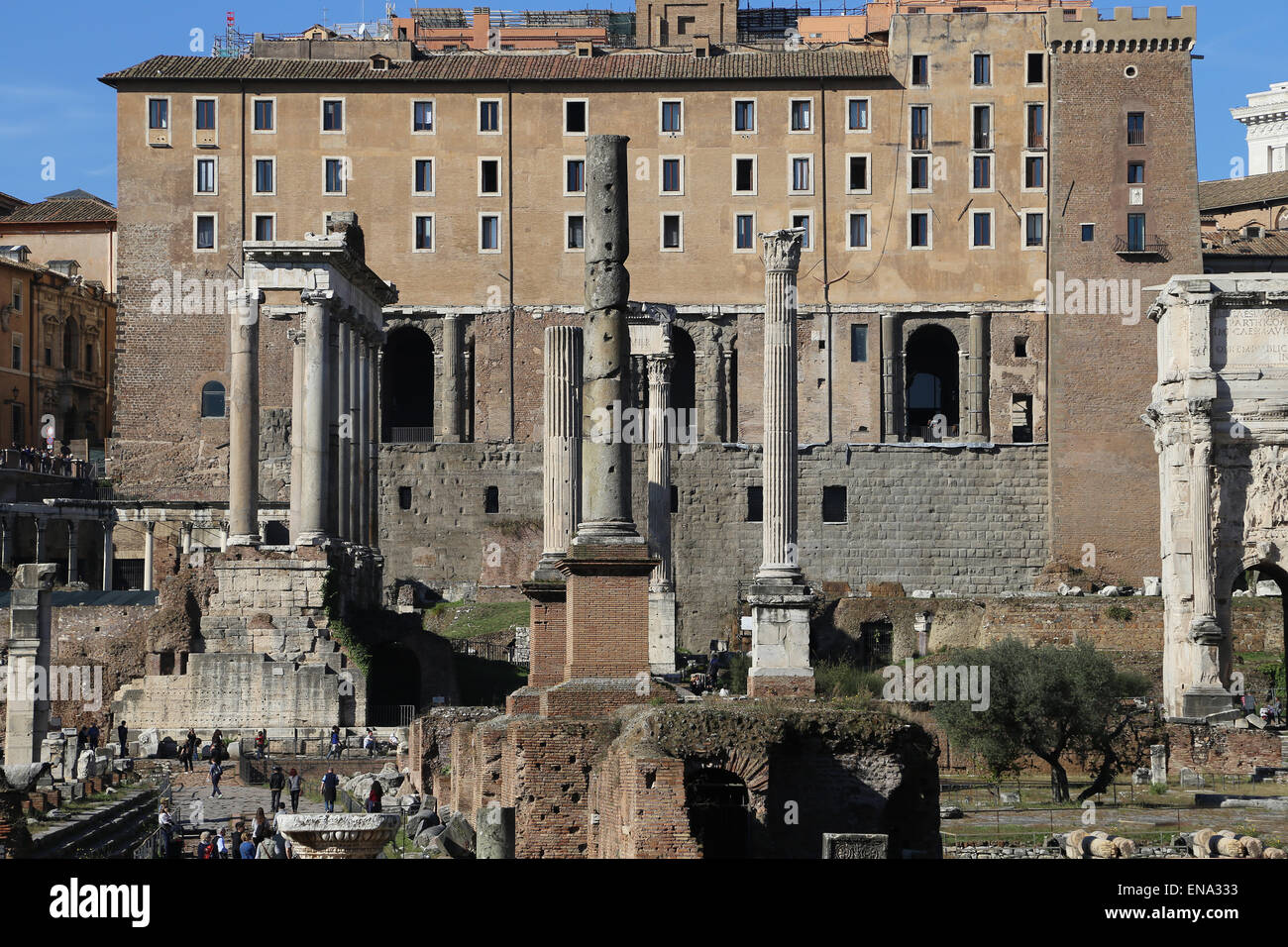 Italy. Rome. Roman Forum. Temple of Saturn, temple of Vespasian and Titus, Arch of Septimius Severus and Column of Phocas Stock Photo