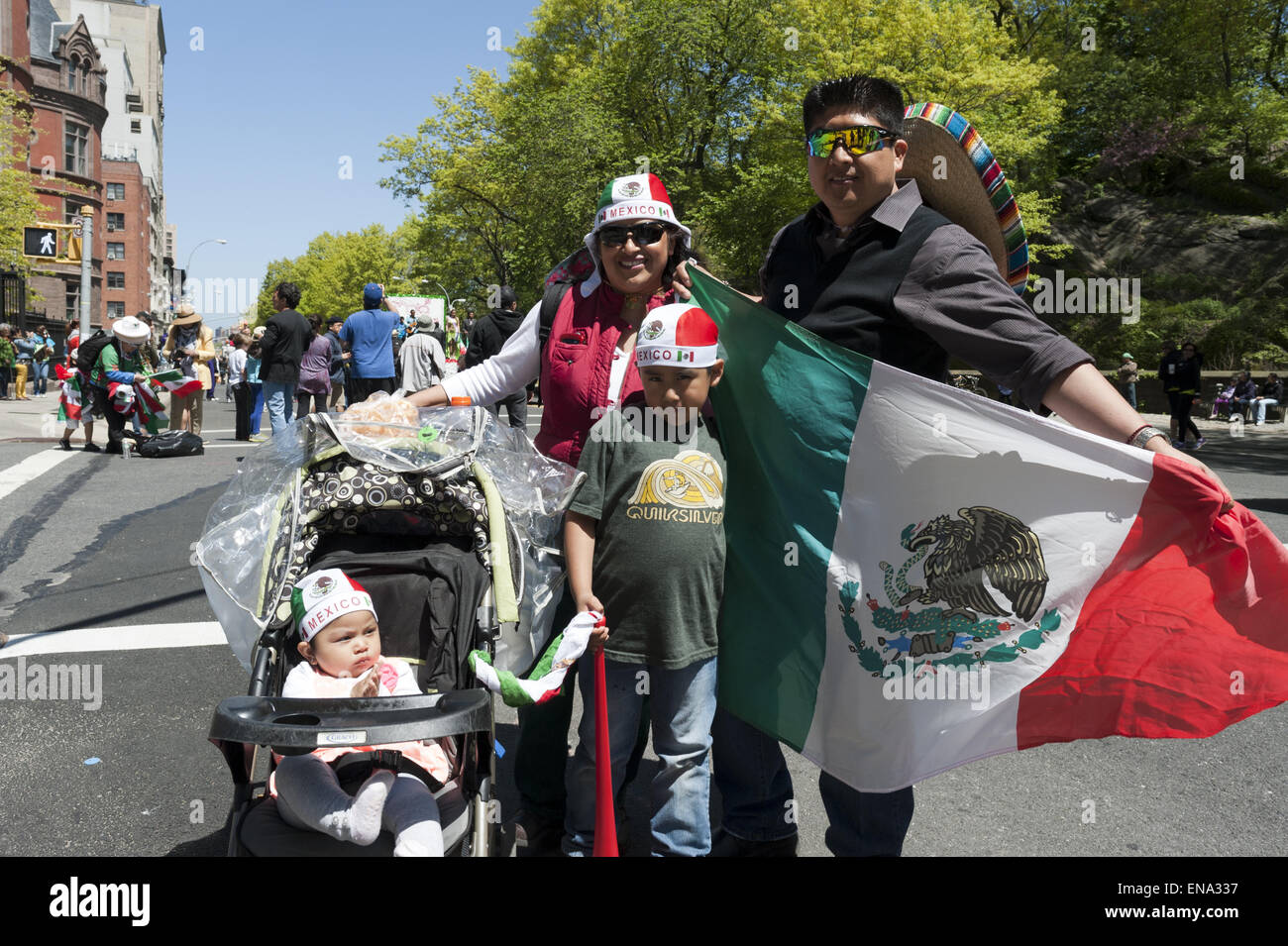 Mexican family at Cinco de Mayo parade on Central Park West in NYC. Stock Photo