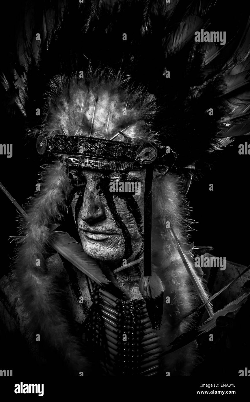 tribal Native, American Indian chief with big feather headdress Stock ...