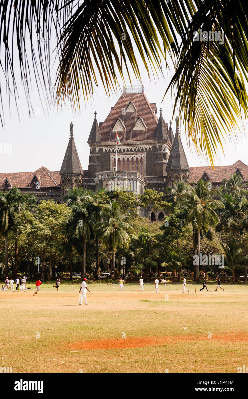 View of the High Court from across the Oval Maidan cricket grounds, Mumbai. Stock Photo