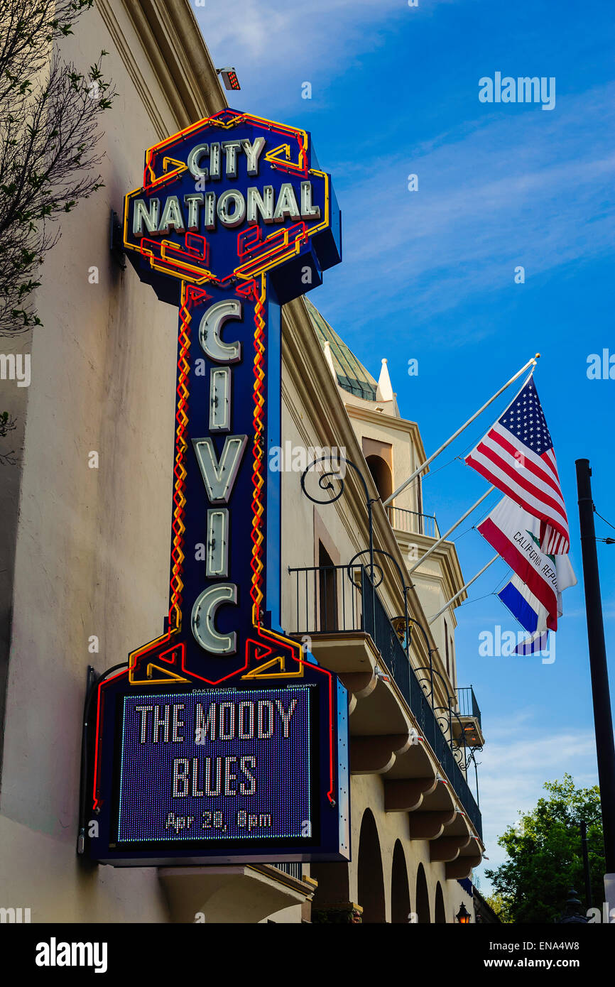 Marquee sign outside the City National Civic in downtown San Jose, California advertising The Moody Blues concert. Stock Photo