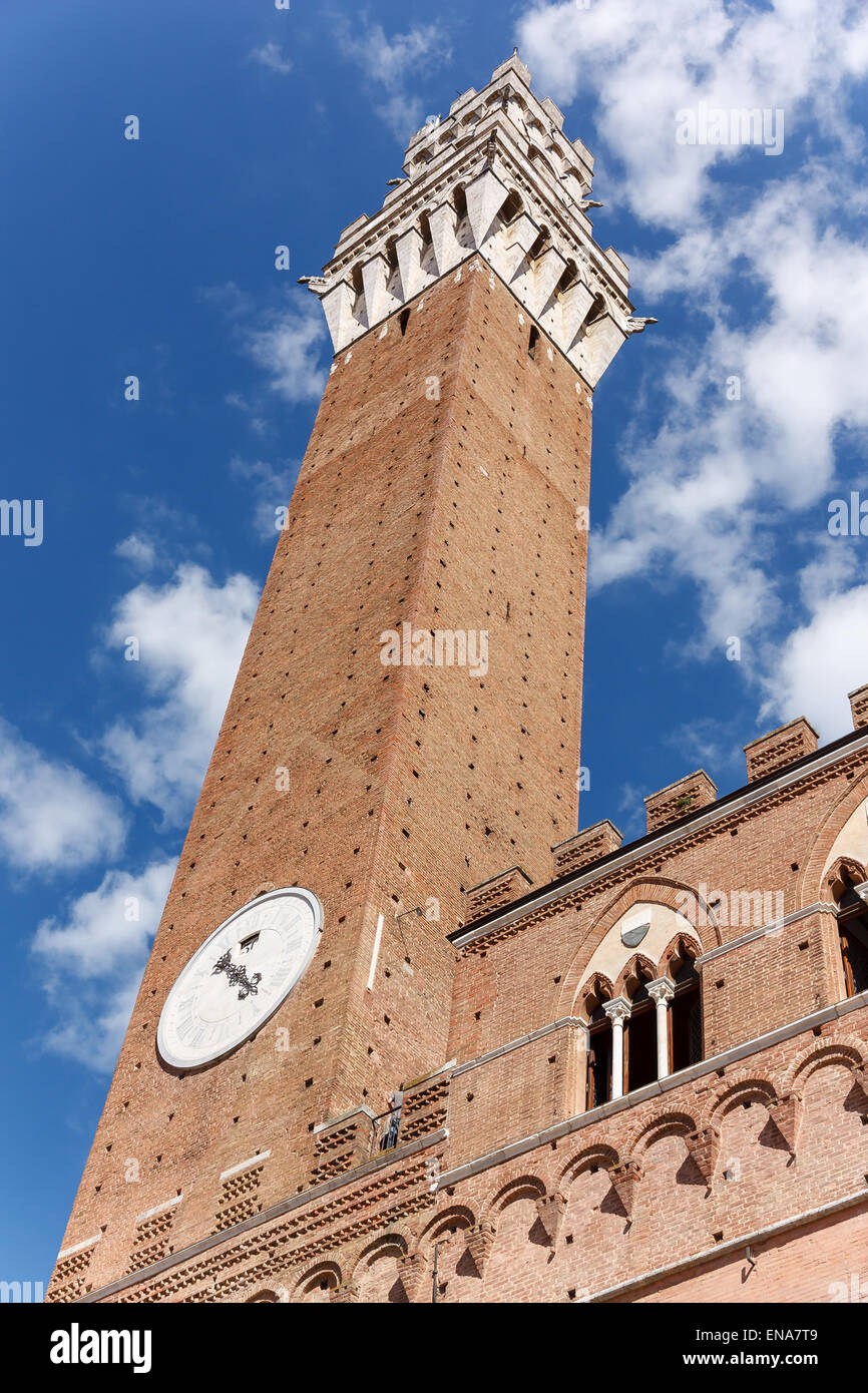 The tower on Piazza del Campo on a beautiful day with some clouds. Stock Photo