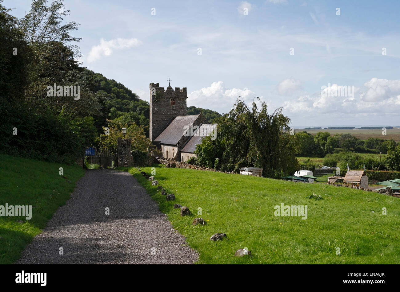Path leading to St Rhidian and St Illtyd church at Llanrhidian on the Gower peninsular in Wales. Welsh village church Stock Photo