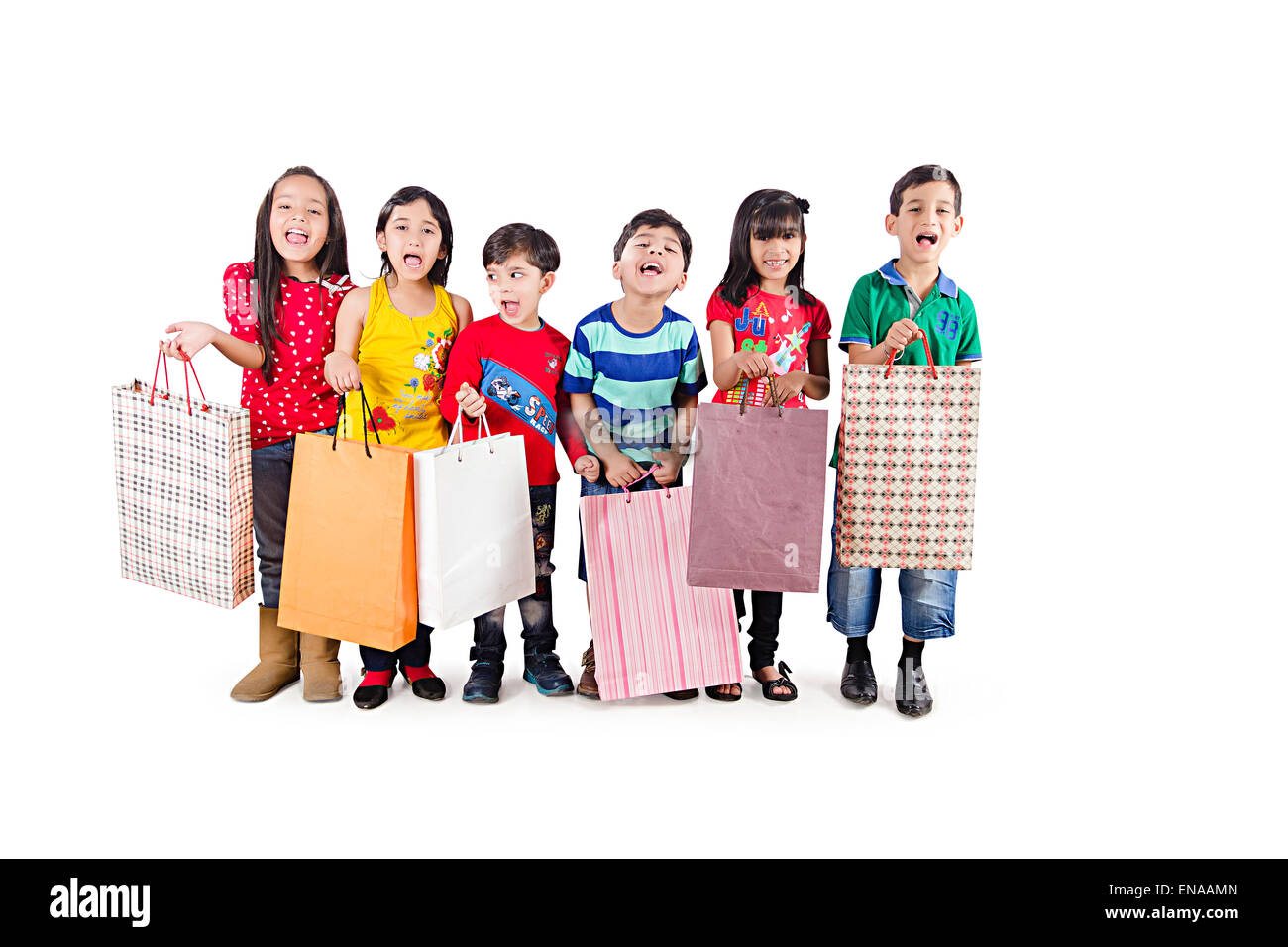 indian Kids groups Friends Bag Shopping Stock Photo