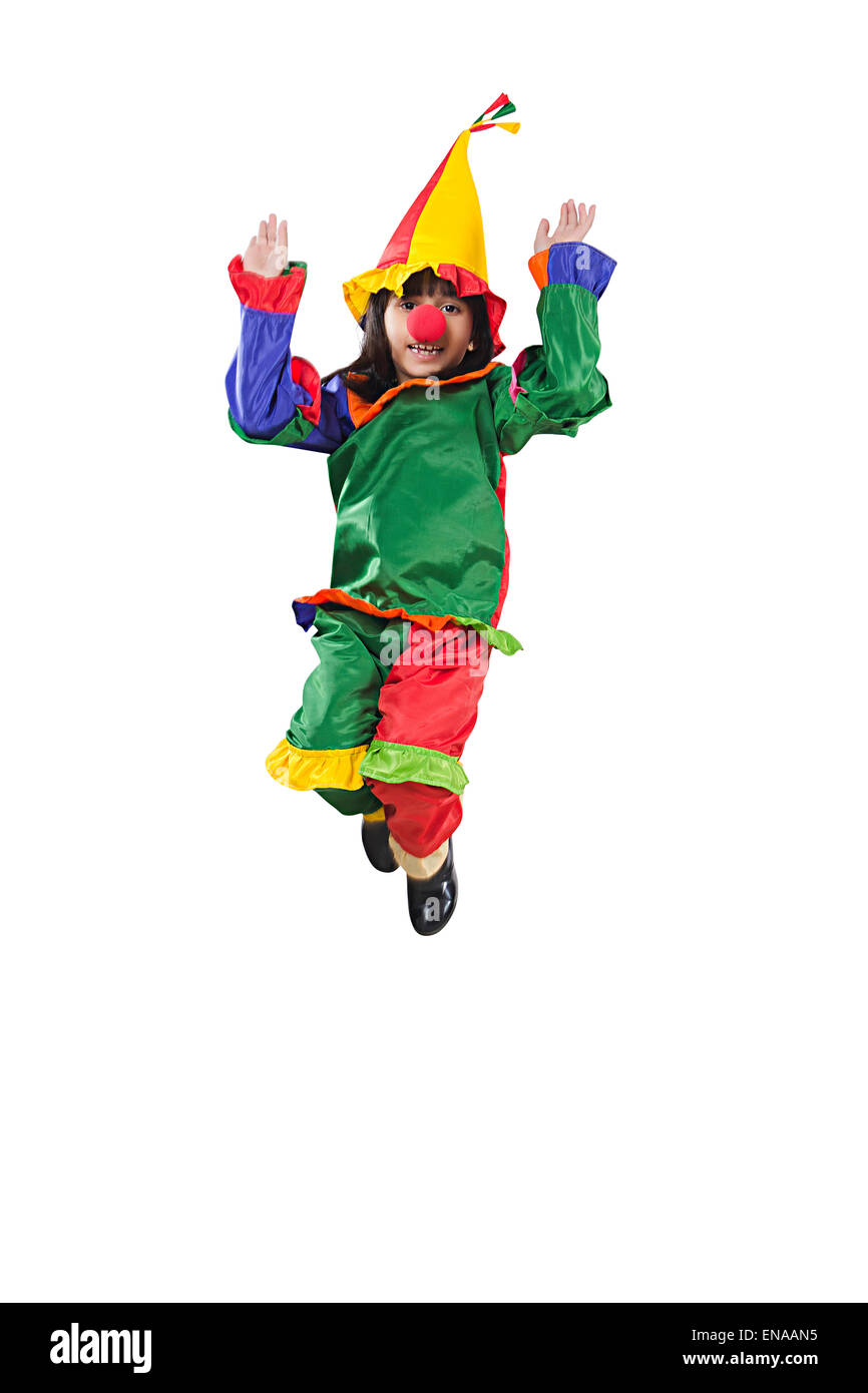 1 indian kids girl Joker Costume Jumping Stock Photo