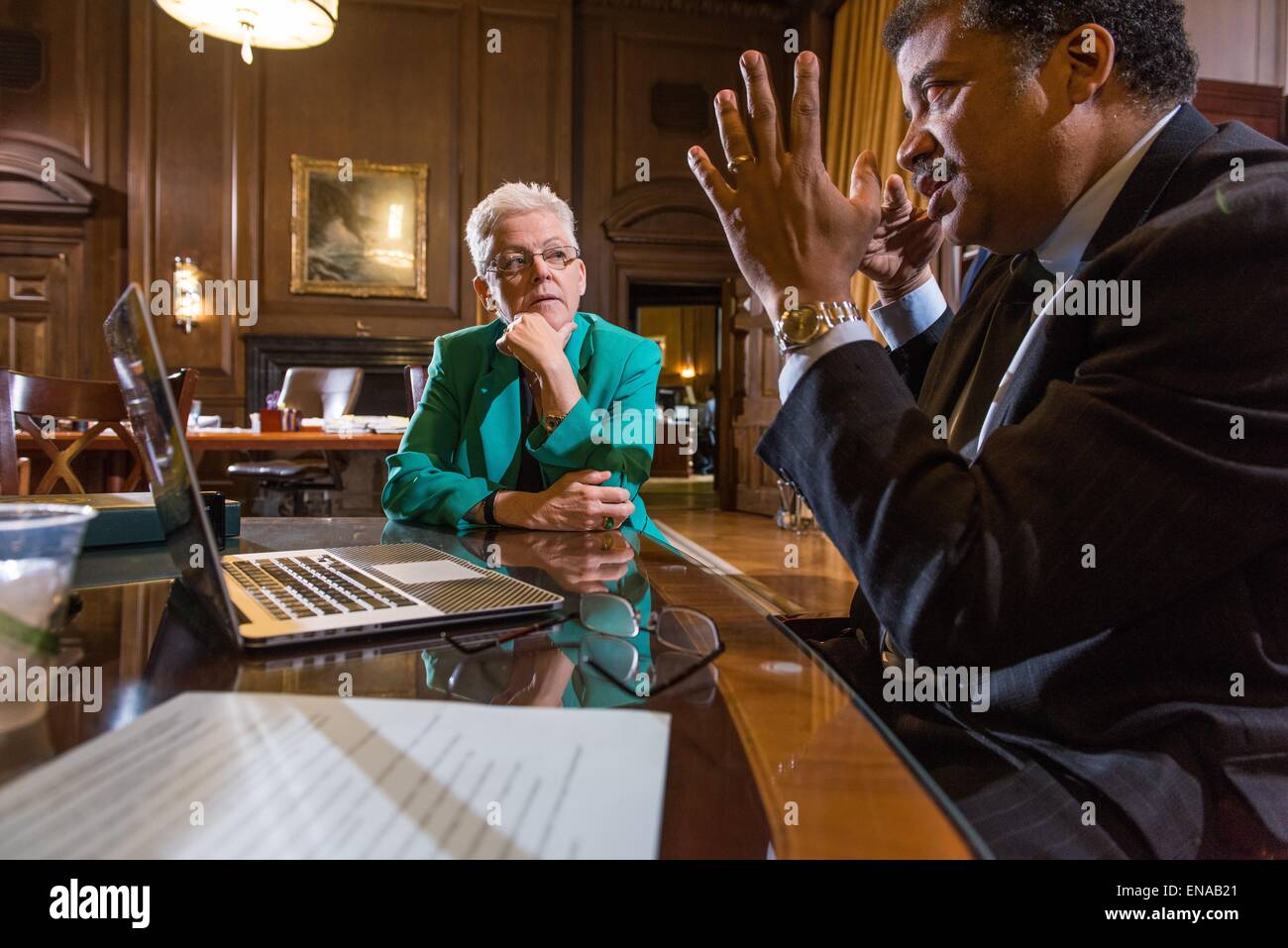 US EPA Administrator Gina McCarthy meets with celebrity Astro Physicist Neil deGrasse Tyson about climate change and using technology to protect our environment April 30, 2015 in Washington, DC. Stock Photo