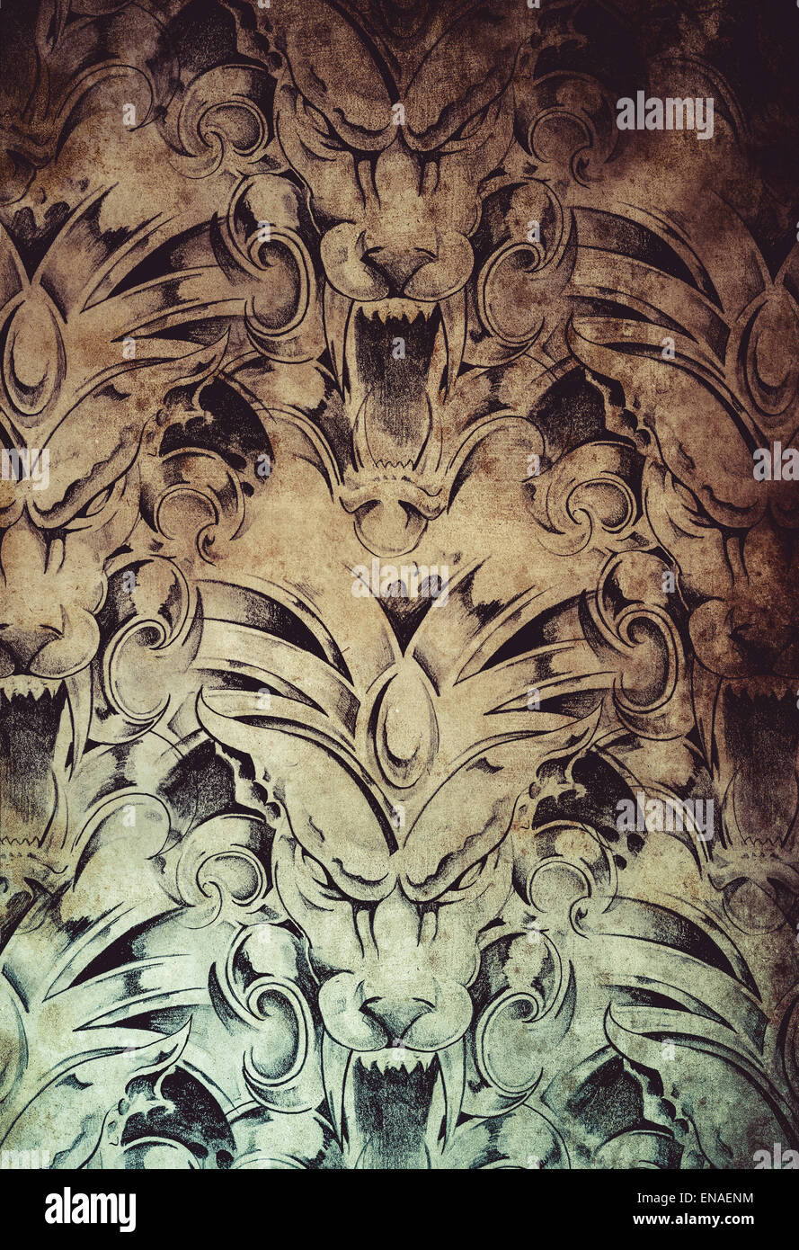 Tattoo pattern with gargoyle designs over old paper Stock Photo - Alamy