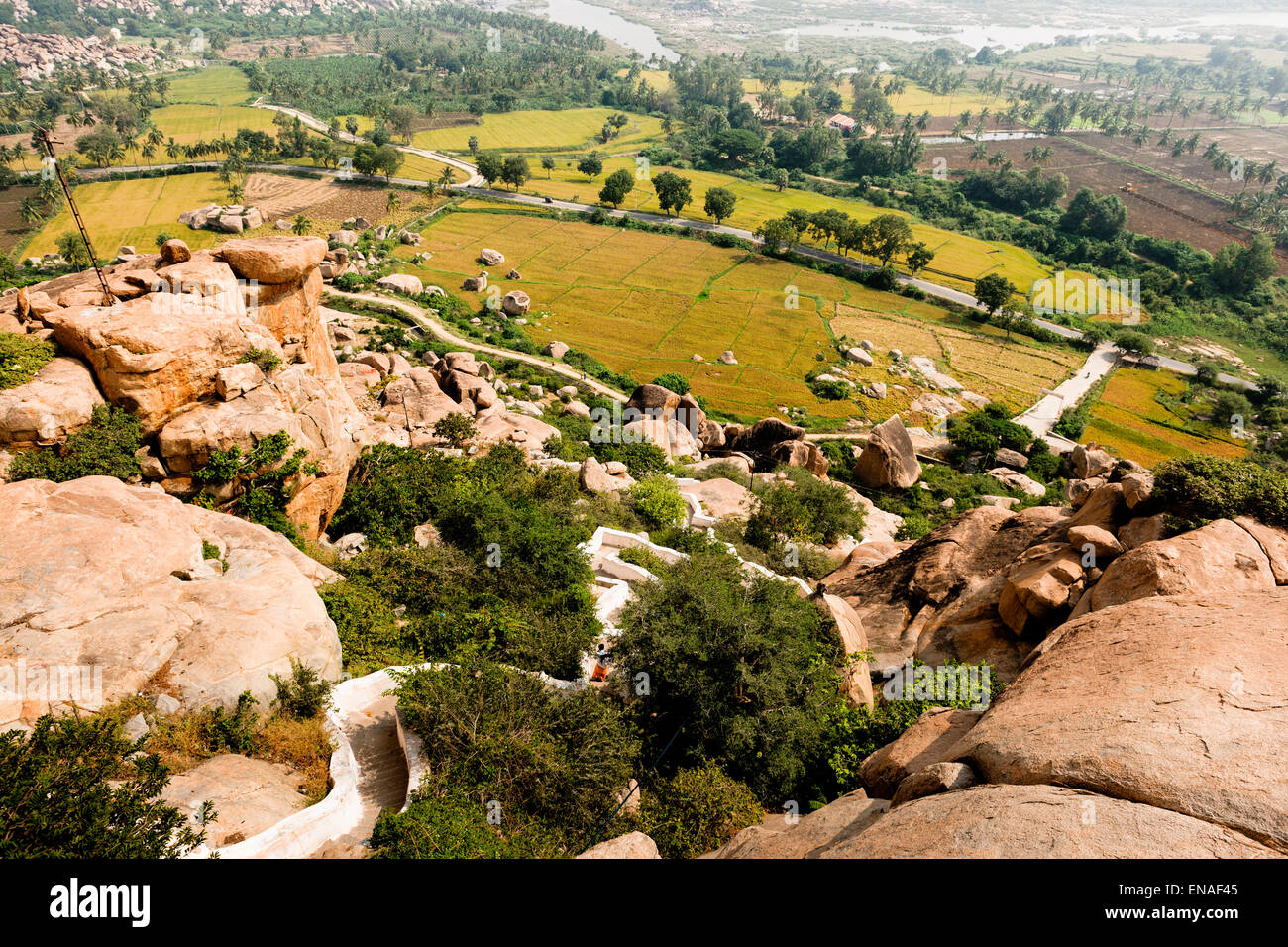 Looking down at the steps up to the Hanuman Monkey Temple, Anegundi. Stock Photo