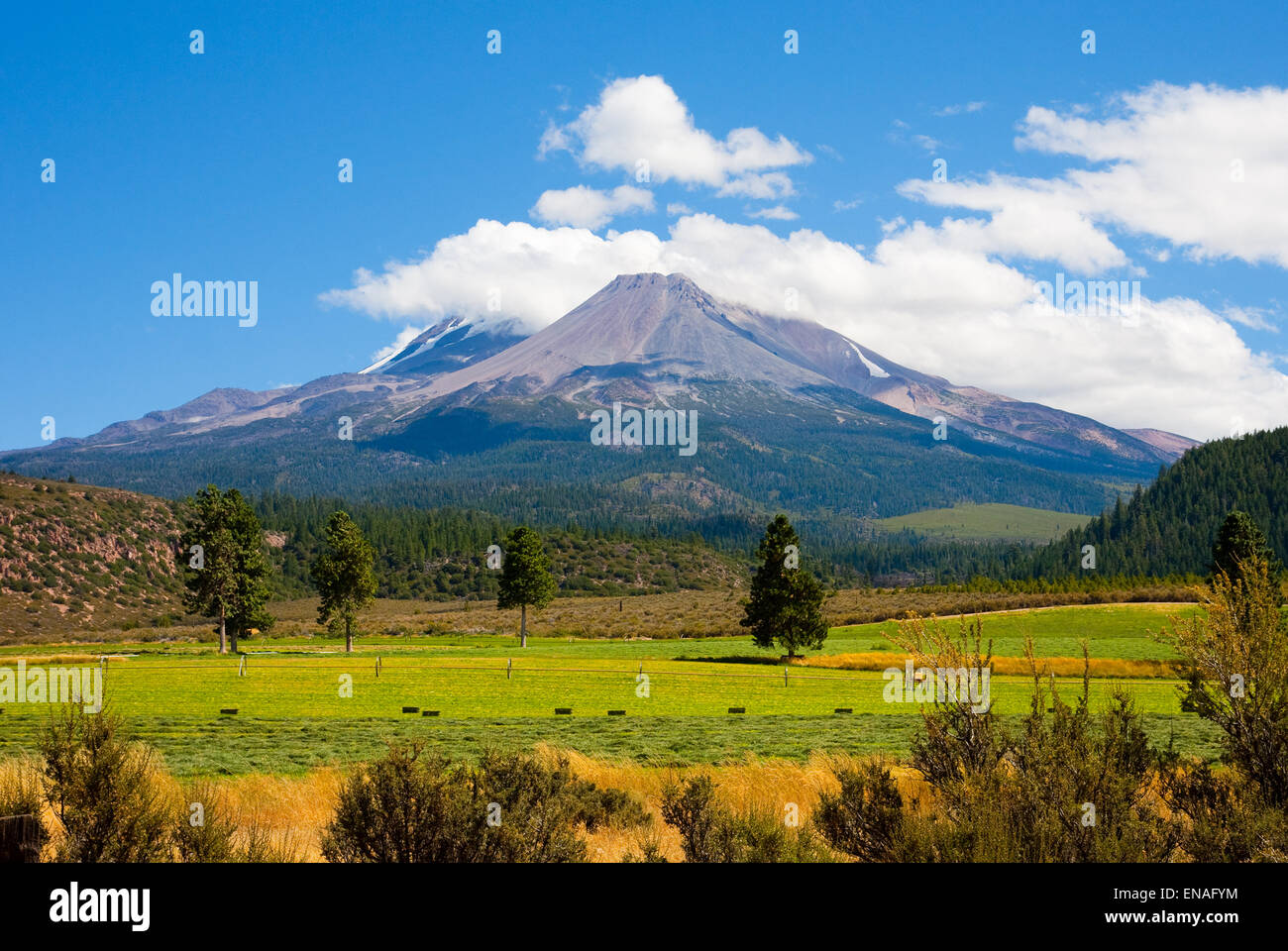 Clouds on top of Mount Shasta, California Stock Photo