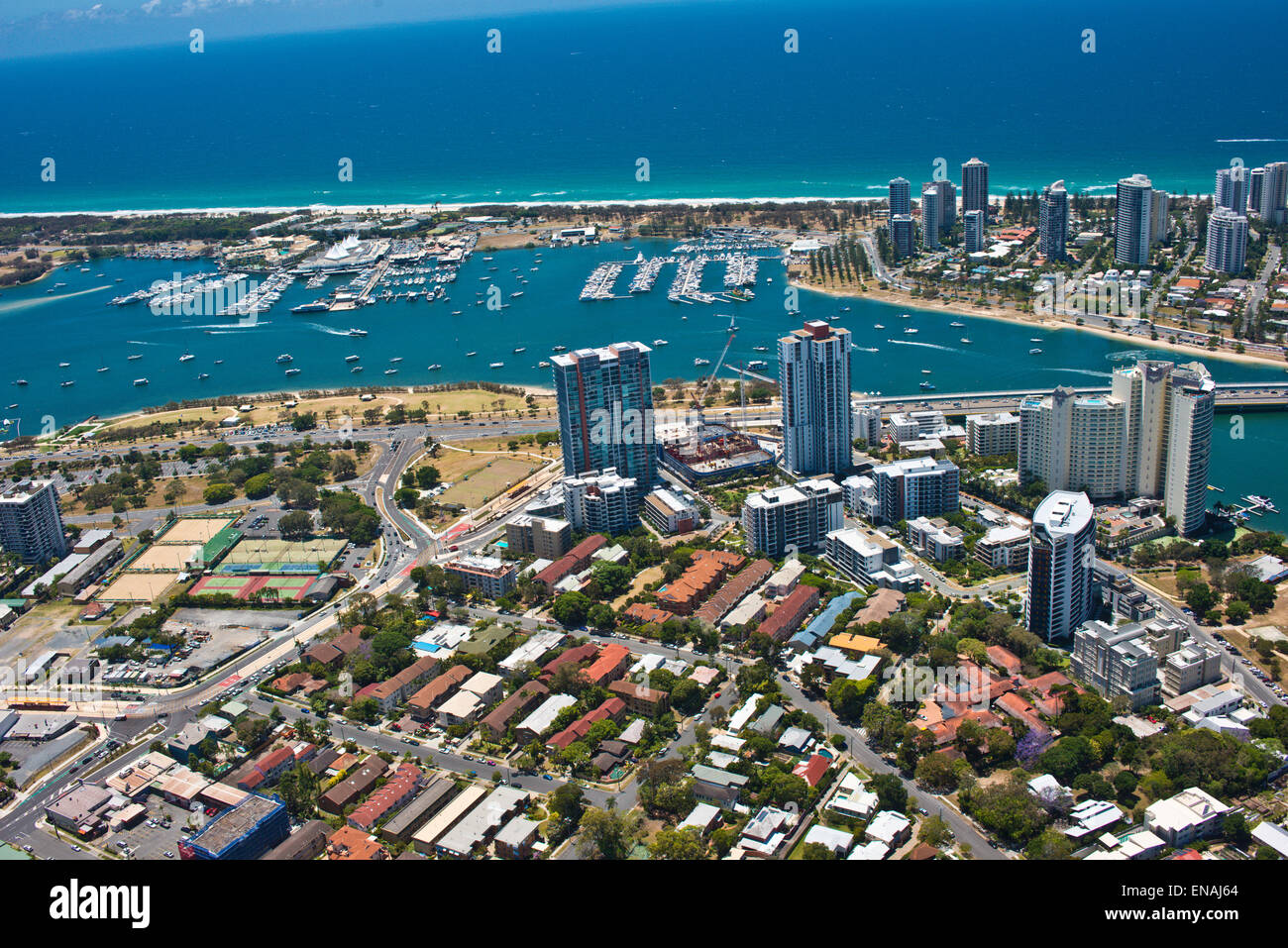 Southport and Main Beach Gold Coast Queensland Australia aerial view east to Southport Yacht Club and marinas Stock Photo