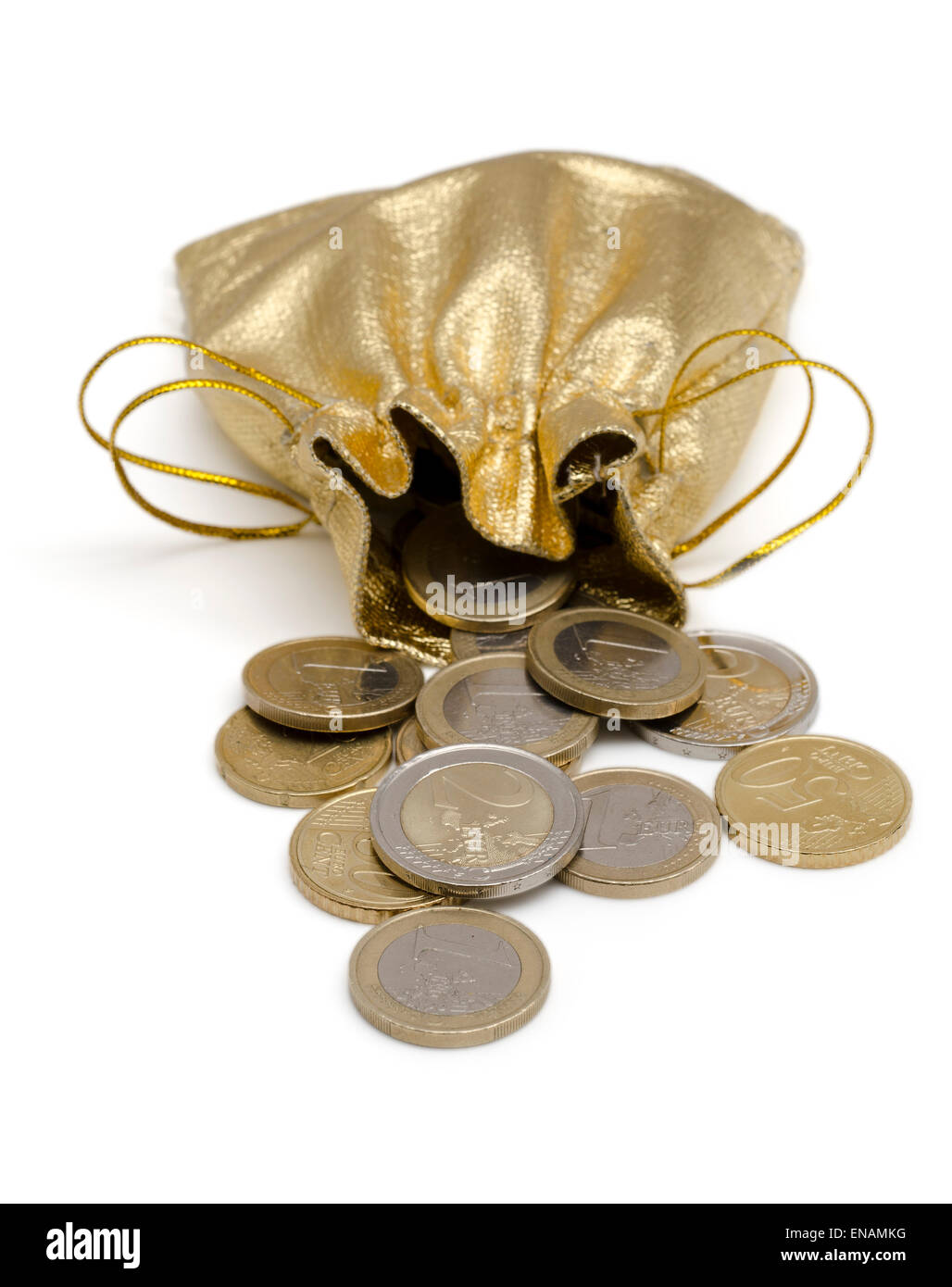 Isolated Golden Money Bag Full of  Euro Coins Stock Photo