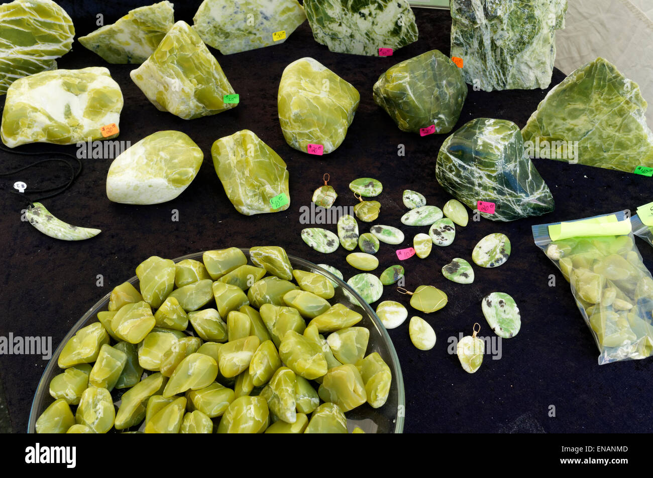 Serpentine samples and pendants display Stock Photo